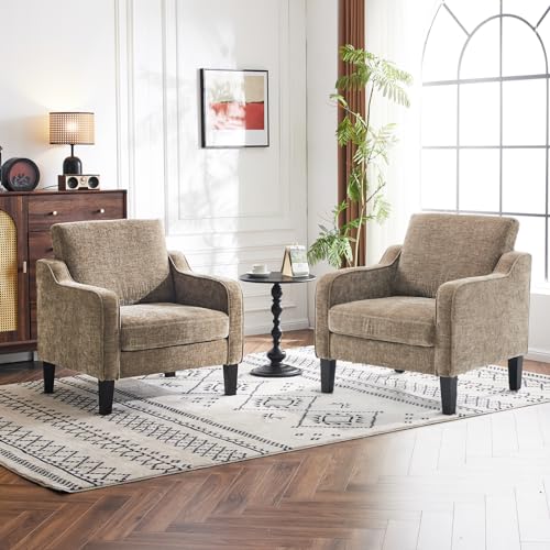VINGLI Chair Light Brown Upholstered Chenille Accent Chair for Living Room, Bedroom, Mid-Century Modern Arm Chair Comfy Reading Chair with Scooped Arms - color: Light Brown
