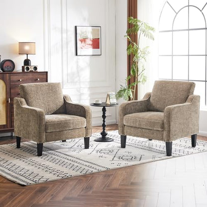 VINGLI Chair Light Brown Upholstered Chenille Accent Chair for Living Room, Bedroom, Mid-Century Modern Arm Chair Comfy Reading Chair with Scooped Arms - color: Light Brown
