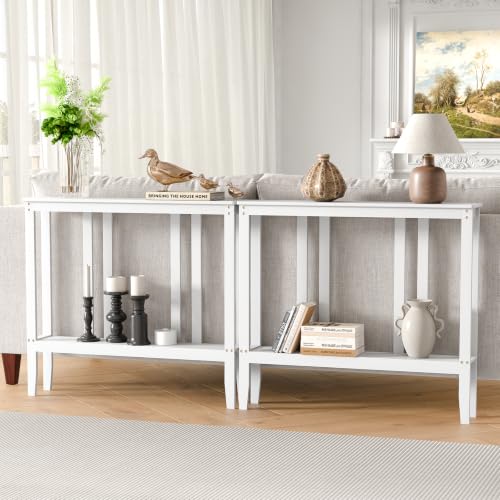 ELYKEN Bamboo 2-Tier Narrow Console Table, 36.2" Long Slim Hallway Table | Sofa Table Behind Couch with Storage Shelf for Entryway, Living Room, Foyer - color: White
