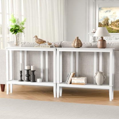 ELYKEN Bamboo 2-Tier Narrow Console Table, 36.2" Long Slim Hallway Table | Sofa Table Behind Couch with Storage Shelf for Entryway, Living Room, Foyer - color: White