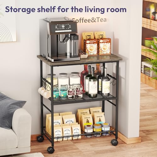 SWTYMIKI Rolling Kitchen Microwave Cart - 3 Tier Microwave Table Stand with Storage Basket and Hooks, Kitchen Utility Cart on Wheels, Coffee Cart Shelf Rack Organizer for Living Room Office, Balcony - color: Grey
