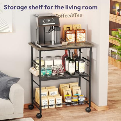 SWTYMIKI Rolling Kitchen Microwave Cart - 3 Tier Microwave Table Stand with Storage Basket and Hooks, Kitchen Utility Cart on Wheels, Coffee Cart Shelf Rack Organizer for Living Room Office, Balcony - color: Grey