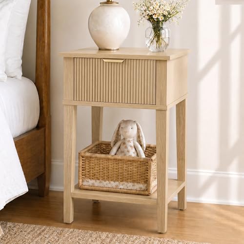 Natural Oak 15.4" Wide Small Nightstand with Drawer,Open Shelf,Fluted | Light oak tone, ribbed fluted front, 11.8-inch slim depth, concealed storage, airy fit for bedside, sofa side, or chair side - color: Natural Oak