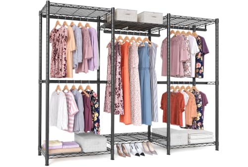 SONGMICS Heavy-Duty Clothes Rack, Garment Rack, Portable Closet, 68.7-Inch Wide Clothing Rack with Adjustable Mesh Shelves and Hanging Rails, Ink Black ULGR433B01 - color: Ink Black, size: 68.7"L x 76"H, style: Without Fabric Cover