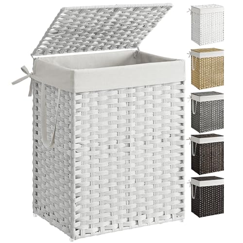 SONGMICS Laundry Hamper with Lid, 23.8 Gal (90 L) Synthetic Rattan,Foldable | Clothes Laundry Basket with Handles, Removable Liner, Cloud White, ELIOTT Collection ULCB165W01 - color: Cloud White, size: 90 L