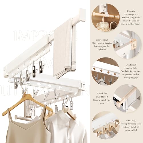 Wall Mounted Collapsible Clothes Drying Rack, Durable Space-Saving Laundry Drying Rack Clothing Hanger, Upgraded with Clips and Windproof Holes - style: Upgrde-White Rings with Clips