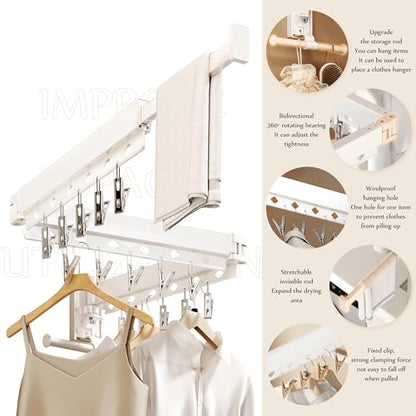 Wall Mounted Collapsible Clothes Drying Rack, Durable Space-Saving Laundry Drying Rack Clothing Hanger, Upgraded with Clips and Windproof Holes - style: Upgrde-White Rings with Clips