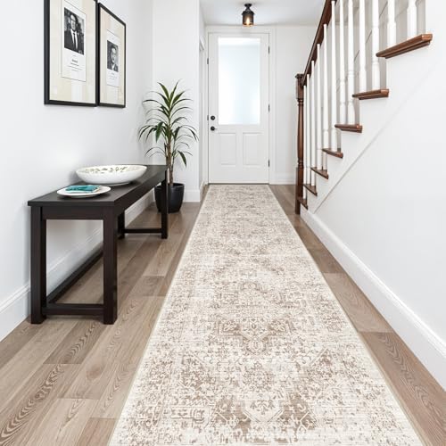 2'6"x14 Washable Long Runner Rug: Vintage Non Slip Hallway Rug IvoryBeige | Low Pile Rubber Backing Easy Clean Stain Resistant Design for Kitchen Entryway Living Room Laundry Room and Home Decor - color: Ivory/Beige, size: 2'6" x 14' (Runner)
