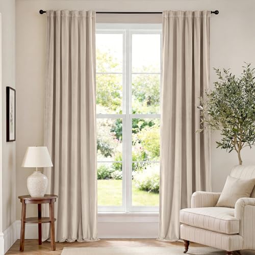 Beige Velvet Curtains Neutral Rod Pocket 52×102 Inch 2 Panels | Soft Velvet, Room Darkening, For Bedroom & Living Space, Light Shifting Texture, Elegant Drape, Cozy - color: R | Beige, size: 52"W x 102"L (Pack of 2)