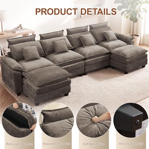 134'' U Shaped Sectional Couch, Cloud Deep Seat Sofa Couch with 2 Ottoman, Detachable Headrest, Oversized Modular 5 Seater Sofas for Living Room, Brown - color: Brown, size: U Shaped Couch