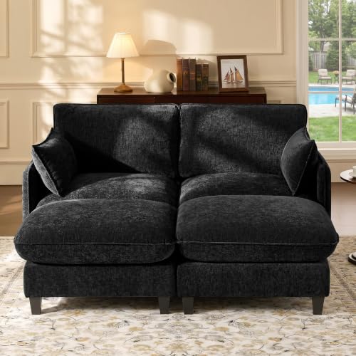 Ihanherry 72" Loveseat Sofa, Cloud Couch with Oversized Large Cushions & Movable Ottoman, Chenille Deep Seat Couch for Living Room, Black - color: Black, size: 72'' Loveseat