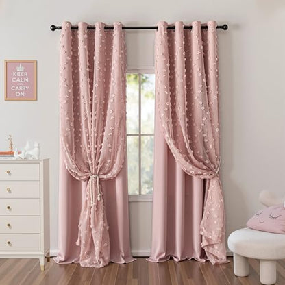 MYSKY HOME Double Layer Curtains for Girls Bedroom Kids Curtain Pink Pom Pom Sheer Window Curtains 2 Panels Pink Curtains Grommet Room Darkening Solid Nursery Curtains 63 Inches Length, W52 X L63 - color: Z-pink, size: 52"W x 63"L (Pack of 2)