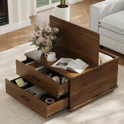 MALOL Square Storage Coffee Table with 2 Drawers, Hidden Storage Beneath Flip-Top Lid, Modern Fluted Wood Coffee Table with Solid Wood Legs for Living Room, Walnut - color: Walnut