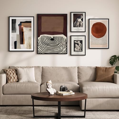 Large Framed Black and White Abstract Wall Art for Living Room, 5 Piece Neutral Canvas Prints Paintings Artwork for Walls, Mid Century Modern Pictures Wall Decor for Bedroom Dining Room Office - color: Neutral - 5Pcs