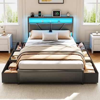 Full Size Bed Frame with Storage Headboard, 6 Drawers, LED&Charging | 2-Tier PU Leather Upholstered Headboard, Charging Station&RGB Lights, No Box Spring Needed, easy assembly, Noise-Free,Black - color: Black, size: Full
