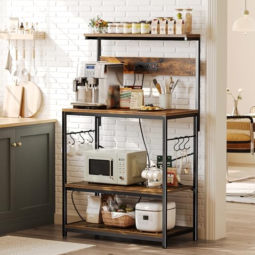 SUPERJARE Bakers Rack with Power Outlets, Microwave Stand, 31.5 X 16.5 Inch Larger Desktop, Kitchen Storage Rack with Adjustable Middle Shelf, 6 S-Shaped Hooks, Coffee Bar Stand, Rustic Brown - color: Rustic Brown, size: 31.5 inch
