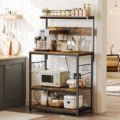 SUPERJARE Bakers Rack with Power Outlets, Microwave Stand, 31.5 X 16.5 Inch Larger Desktop, Kitchen Storage Rack with Adjustable Middle Shelf, 6 S-Shaped Hooks, Coffee Bar Stand, Rustic Brown - color: Rustic Brown, size: 31.5 inch