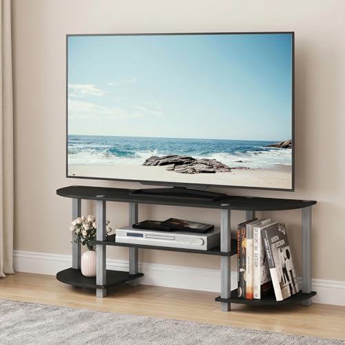 3-Tier Entertainment Center for TV up to 55 Inch, TV Console with RounDecorner and Open Shelves, TV Stand, for Bedroom, Living Room, Black - color: Black/Grey, size: Fit TV up to 55 in