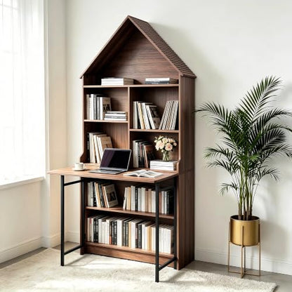Folding A-Frame Bookshelf Narrow Bookcase with Hideaway Craft Desk Walnut | Convertible Hideaway Desk to Bookshelf for Small Spaces, Multifunctional Craft Table & Vanity - color: Natural Walnut