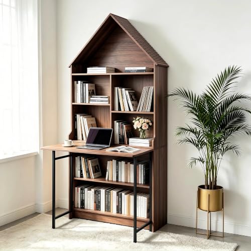 Folding A-Frame Bookshelf Narrow Bookcase with Hideaway Craft Desk Walnut | Convertible Hideaway Desk to Bookshelf for Small Spaces, Multifunctional Craft Table & Vanity - color: Natural Walnut