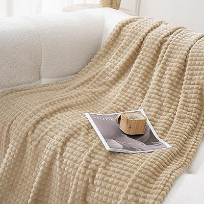 Puncuntex Fleece Throw Blanket Khaki 60"×80" with Square Grid Design | Super Soft Plush Cozy Flannel Throw Blanket Luxury for Couch Sofa Chair - color: Khaki, size: 60"×80"