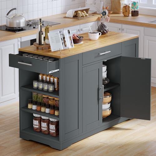DWVO Large Kitchen Island with Trash Can Cabinet | 53 Inch Kitchen Island on Wheels, Rolling Island with Tilt‑Out Garbage Storage Fits 13 Gallon Bin and Drawer - color: Grey
