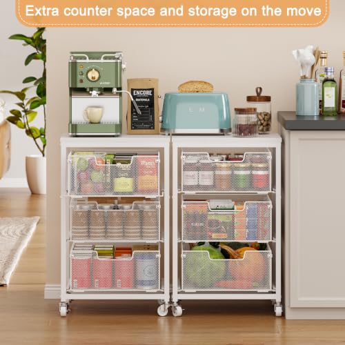 Kitchen Cart with Storage, 3-Tier Pantry Organizer and Storage Cart with Drawer, Fruit Vegetable Storage Cart with Wheels, Wooden Top Metal Wire Kitchen Organizer Rack Stand for Snack Onion Potato - size: 3-Tier White