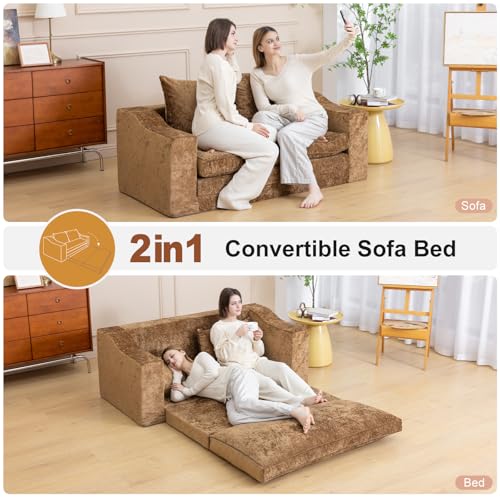 61" Boneless Loveseat Sleeper, Folding Sofa Bed, Diamond Velvet Cover,Brown | Memory Foam Pull Out Futon Bed with Removable Washable Cover, Space-Saving Fold Out Couch for Living Room & Guest Room - color: Brown