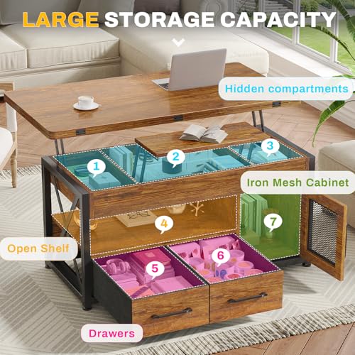 Itaar 40" Lift Top Coffee Table with Storage for Living Room, 4 in 1 Table | Rustic Brown LED Expandable Coffee Table with 2 Fabric Drawers & LED Light & Hidden Compartmen for Dining Living Room Table - color: Rustic Brown