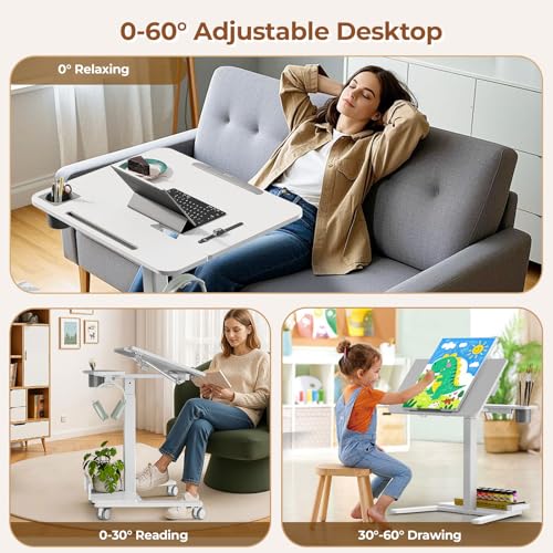 Mobile Standing Desk with Storage Shelf & 60° Tiltable Top | 28" Height Adjustable Rolling Laptop Desk on Wheels, Portable Computer Workstation for Working, Drawing, Crafting, White