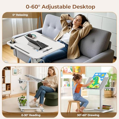 Mobile Standing Desk with Storage Shelf & 60° Tiltable Top | 28" Height Adjustable Rolling Laptop Desk on Wheels, Portable Computer Workstation for Working, Drawing, Crafting, White