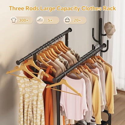 Homeiju Heavy Duty Clothes Rack Load 500LBS, Three Rods Clothing Racks for Hanging Clothes Extendable, Rolling Garment Rack with Sturdy Wheels, Basket, Storage Shelves, Black - color: Black