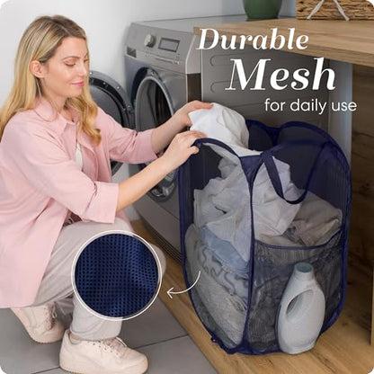 Handy Laundry Collapsible Mesh Pop Up Laundry Hamper 2-Pack – Large Foldable Laundry Basket with Side Pocket, Breathable & Durable, Space-Saving for Clothes, Toys, Travel, Dorm, Bedroom, Blue - color: Blue, 2-PACK