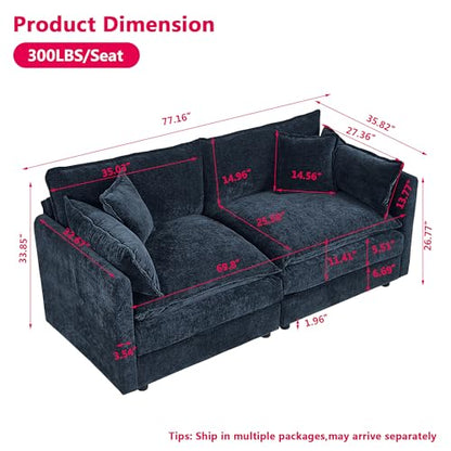 Aoowow Modular Sectional Sofa Modern Convertible Loveseat Couch,77.16 Inch Deep 2-Seater Sofas Comfy Chenille Cloud Sofas and Couches with Pillows for Living Room Apartment（Blue） - color: Blue, size: 2 Seat