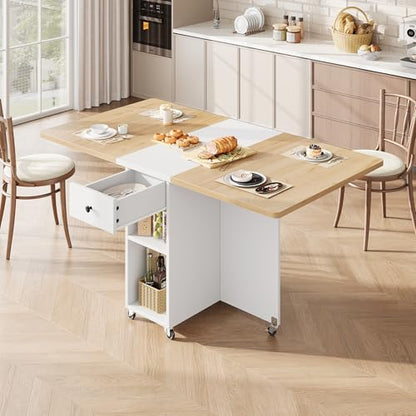 Jocoevol Space Saving Folding Dining Table for 4, Foldable Dining Table with Drawer and Storage Shelf, 6 Wheels Drop Leaf Kitchen Dining Room Table for Small Space (Natural, 47.2" x 23.6" x 29.9") - color: Oak