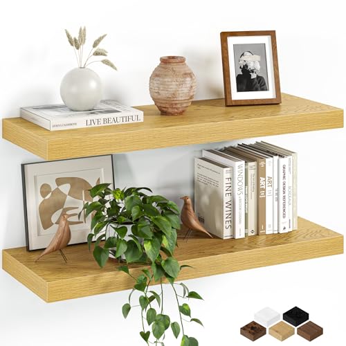 Fun Memories Floating Shelves for Wall, 24 Inch Set of 2 Rustic Wood Wall Shelves with Invisible Brackets, Heavy Duty Storage Display for Living Room Bedroom Kitchen, Oak - color: Oak, size: 24"W x 6.5"D, Set of 2