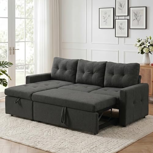 HIPIHOM Pull Out Sleeper Sofa Bed with Storage Chaise, 80.7" L-Shaped Teddy Sectional Couch, Convertible 3-Seater for Living Room, Apartment & Guest Room, Easy Assembly, Grey - color: Grey