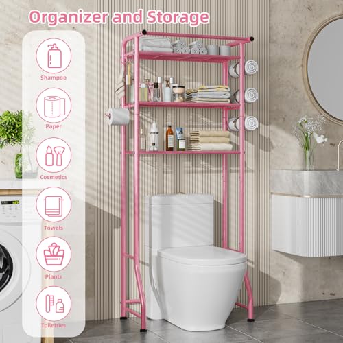 Simple Trending 3 Tier Over The Toilet Rack, Shelf Bathroom, Bathroom Stand Organizer Space Saver, Pink - color: Pink With Towel Rack