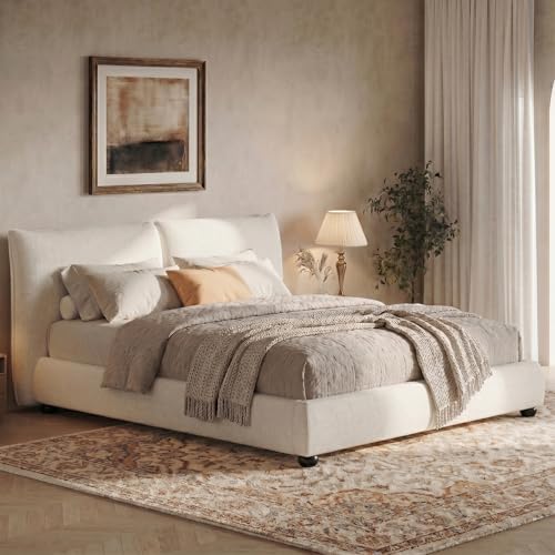 DNYN Upholstered Platform Bed Frame with Thick Pillow-Back Headboard | Linen Fabric Bed| Low-profile Design| No Box Spring Needed| Wooden Slats Support| Easy Assemble| Queen Size - size: Queen