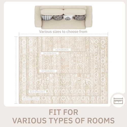 Soalmost 9x12 Area Rugs for Living Room, Washable Neutral Soft Rug Beige | Vintage Floral Non-Slip Low Pile Throw Large Carpet for Dining Room Bedroom Kitchen Home Office 9'x12' - color: Beige, size: 9' x 12' (Rectangular)
