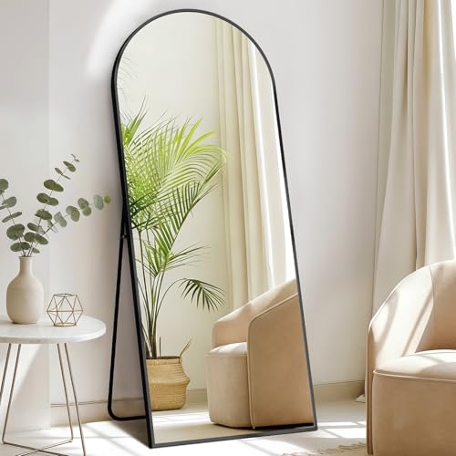 DUMOS 56"x21" Arched Full Length Mirror with Stand, Full Body Floor Mirror | Free Standing or Wall Mount, Nano Glass Aluminum Frame, Hanging or Leaning, Modern Simple Home Decor, Black - color: Black-rounded, size: 56"L x 21"W