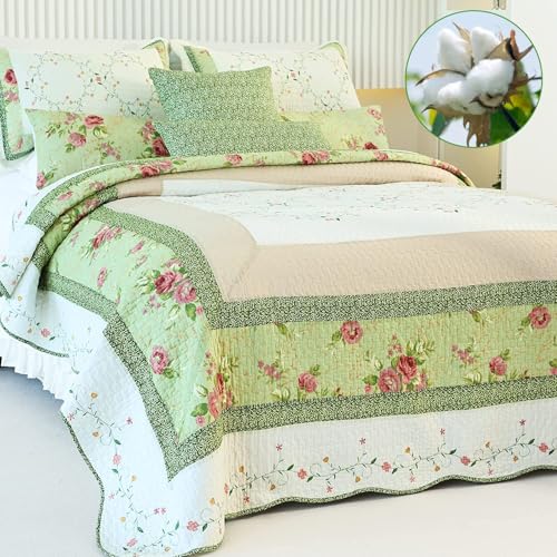 EVENHUG 100% Cotton Quilt Set Queen Size Floral Patchwork Bedding Sets with Pillow Shams Breathable Lightweight Bedspreads Coverlet for All Season 3 Piece (92"x96") - color: Green, size: Queen