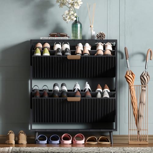 Shoe Cabinet Storage,Modern Freestanding Organizer with 2 Flip Drawers,Narrow Shoe Rack Cabinet for Entryway,Black - color: Black, size: 2-Drawers