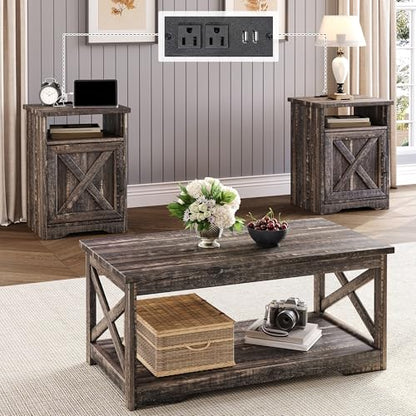 3 Piece Living Room Table Set with Barn Door, Black Oak | Includes Coffee Table and 2 End Tables, Charging Station &USB Ports, Rustic Farmhouse Style, Living Room Furniture Set - color: Black Oak