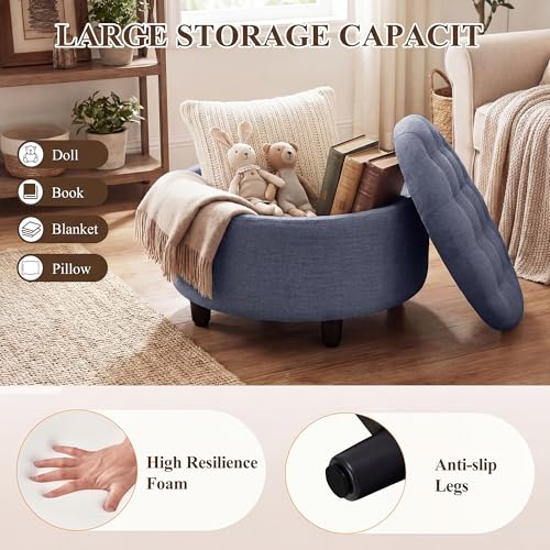 COLAMY Round Hidden Storage Ottoman with Reversible Tray Lid – Multi-Functional Footrest, Sturdy & Stylish Fabric Coffee Table for Living Room, Bedroom, or Entryway, Blue - color: Blue