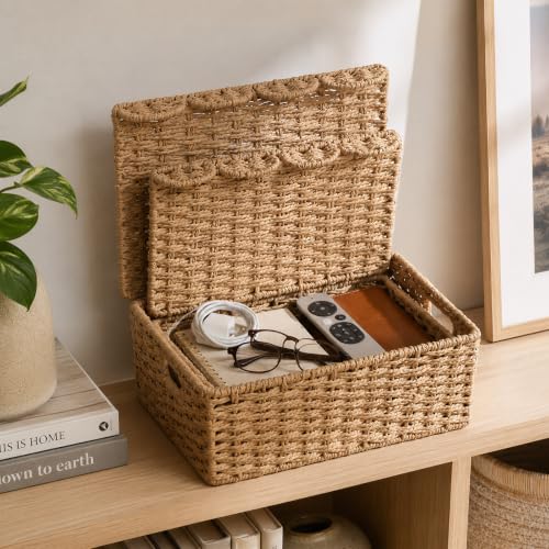 Set of 2 Scalloped Wicker Baskets with Lid,Paper Rope Decorative Storage Baskets for Shelves, Display Shelf, Handmade Cute Woven Basket for Nursery,Living Room Decor