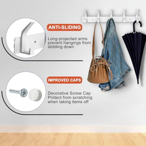 Coat Rack Wall Mounted,5 Coat Hooks for Hanging Coats,Heavy Duty Metal Double Hook Rack Hook Rail,Coat Rack with Hooks,Wall Mount Coat Hanger for Hat Towel Purse Robes,2Pack (White, 5 Hooks) - color: White2