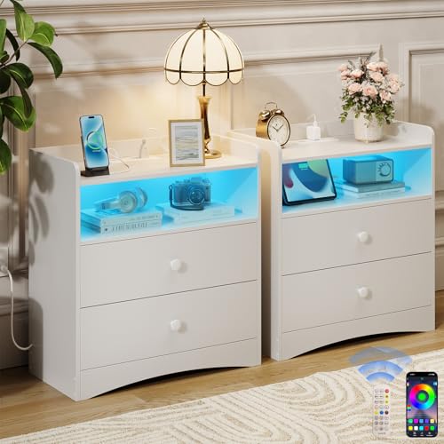 2 Pack Nightstand with Charging Station and LED Light, Modern Nightstand with USB Ports and Outlets, Wood Bedside Table with 2 Storage Drawers, Small Dresser for Bedroom Small Space, White - color: White, size: 2 Pack