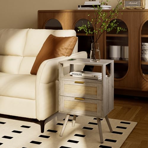 Rattan Nightstand,Farmhouse Bedside Table with 2 Storage Drawer and Open Wood Shelf, for Bedroom and Small Spaces,Night Stand with Solid Wood Legs (Grey Oak) - color: Grey Oak