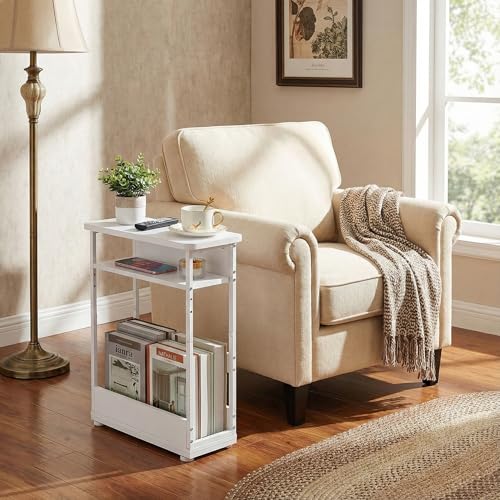 Narrow Side Table,3-Tier Slim End Table with Storage Shelf,Modern Sofa Table Thin Side Table for Narrow and Small Spaces, Skinny Bedside Table Small Nightstand with Magazine Rack Space Saving/White - color: White
